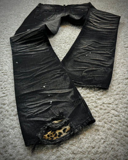 CavariA Leopard Repaired Clawmarks Washed Bootcut Jeans