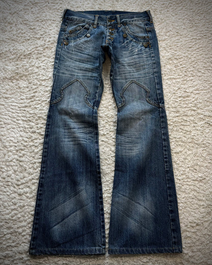 Tornado Mart Leather Flap Pocket Sword Knee Flared Jeans