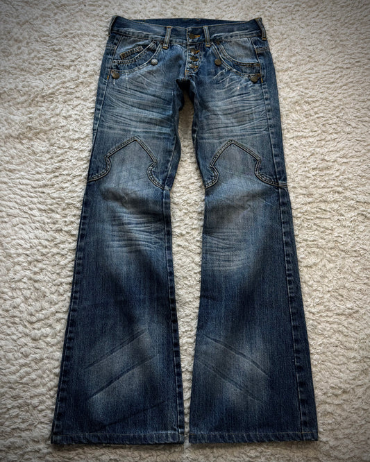 Tornado Mart Leather Flap Pocket Sword Knee Flared Jeans