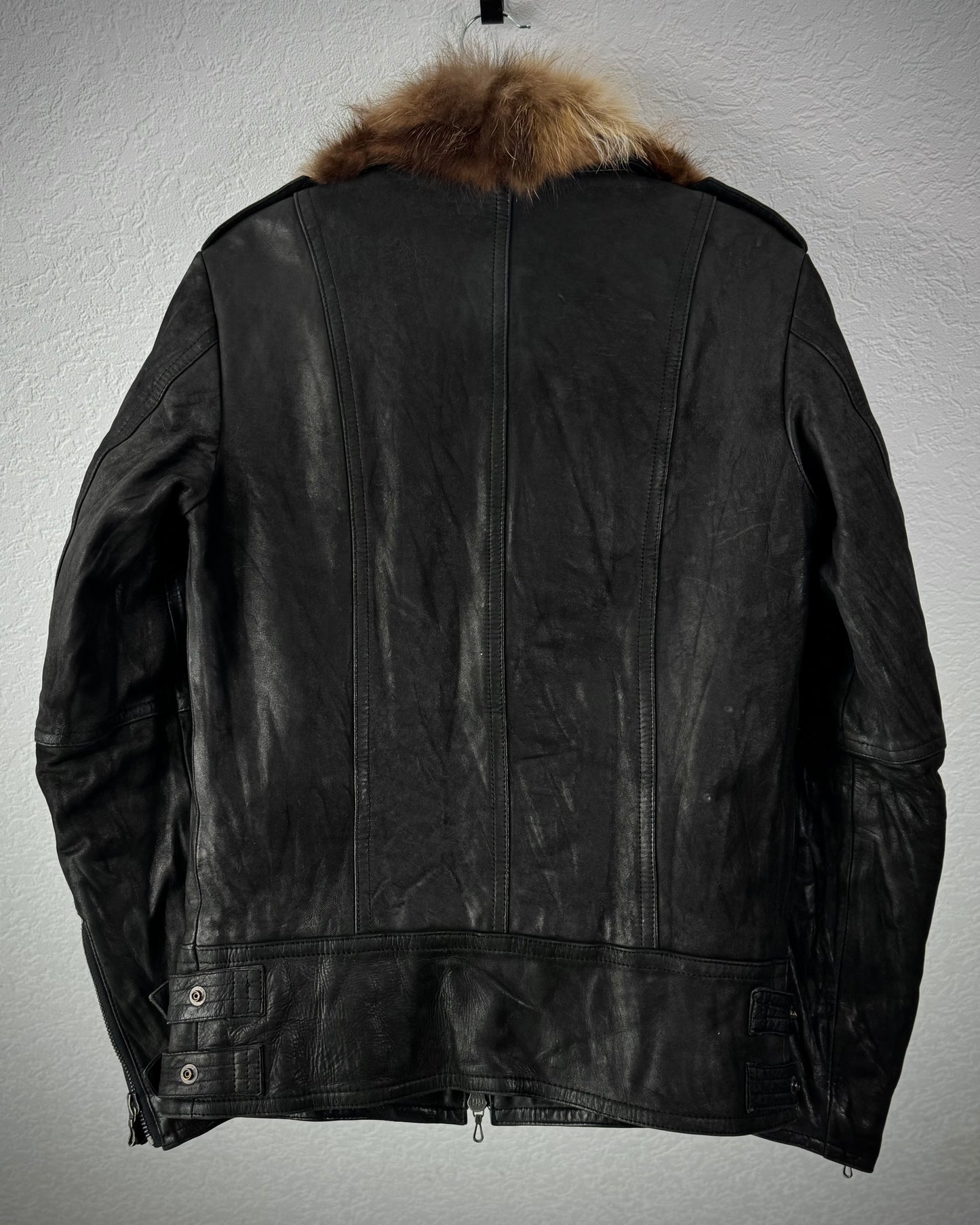 Shellac Fur Collar Textured Leather Jacket