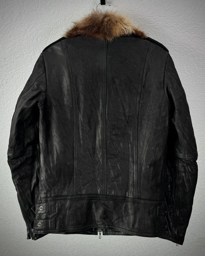 Shellac Fur Collar Textured Leather Jacket
