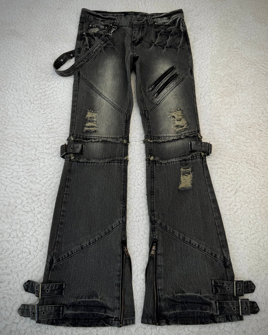 Black Baccara Belted Straps Zippered Flared Jeans
