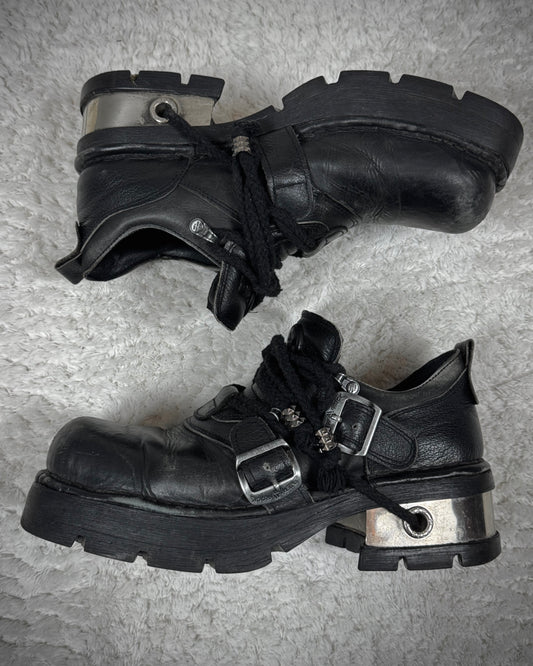 New Rock Metal Tip Laced Steel Heel Leather Boots
