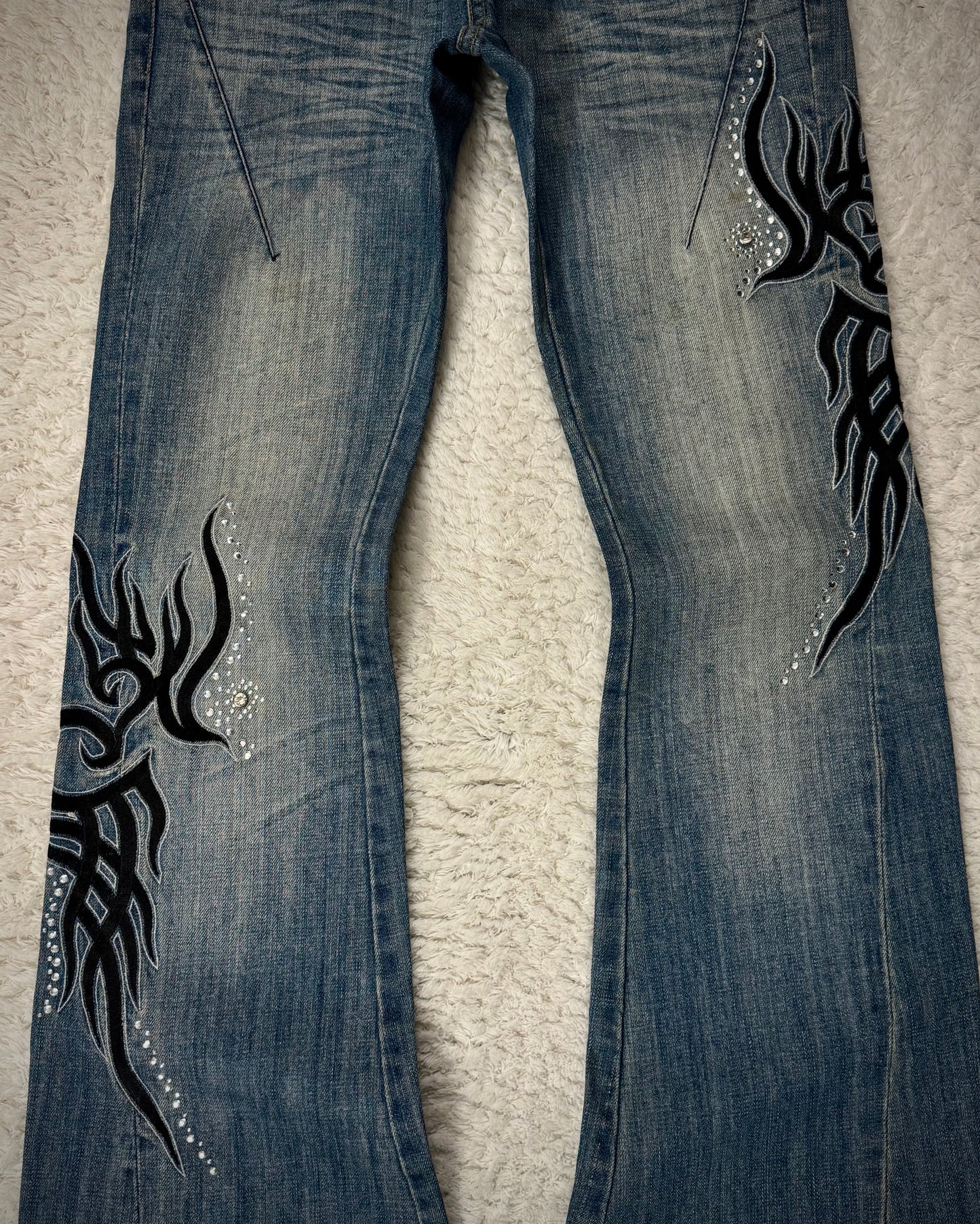 Tornado Mart Tribal Embroidery Studded Flared Jeans