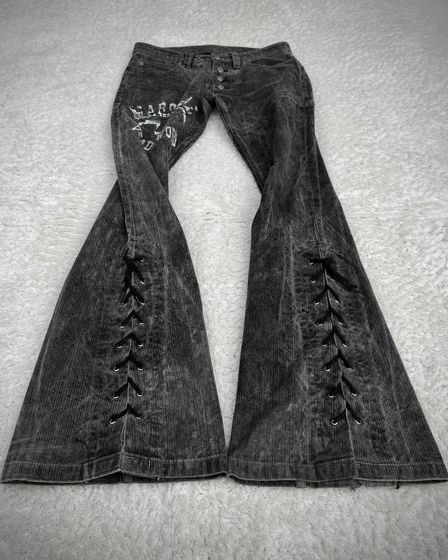 Tornado Mart Pin Striped Western Printed Lace Up Flared Pants