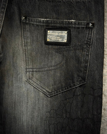 Semantic Design Crocodile Clawmarks Coated Flared Jeans