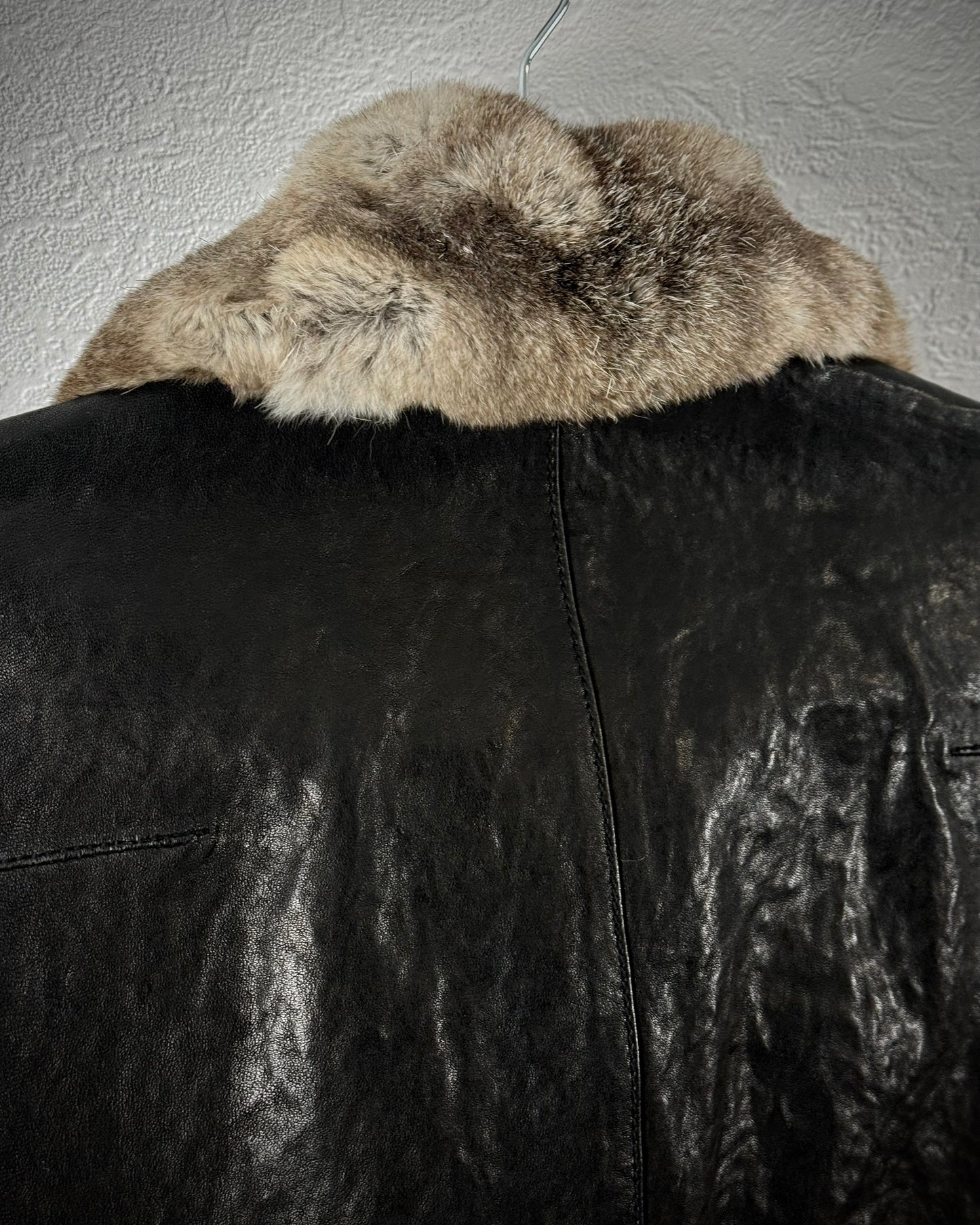 Comme Ca Men Rabbit Fur Collar Leather Jacket