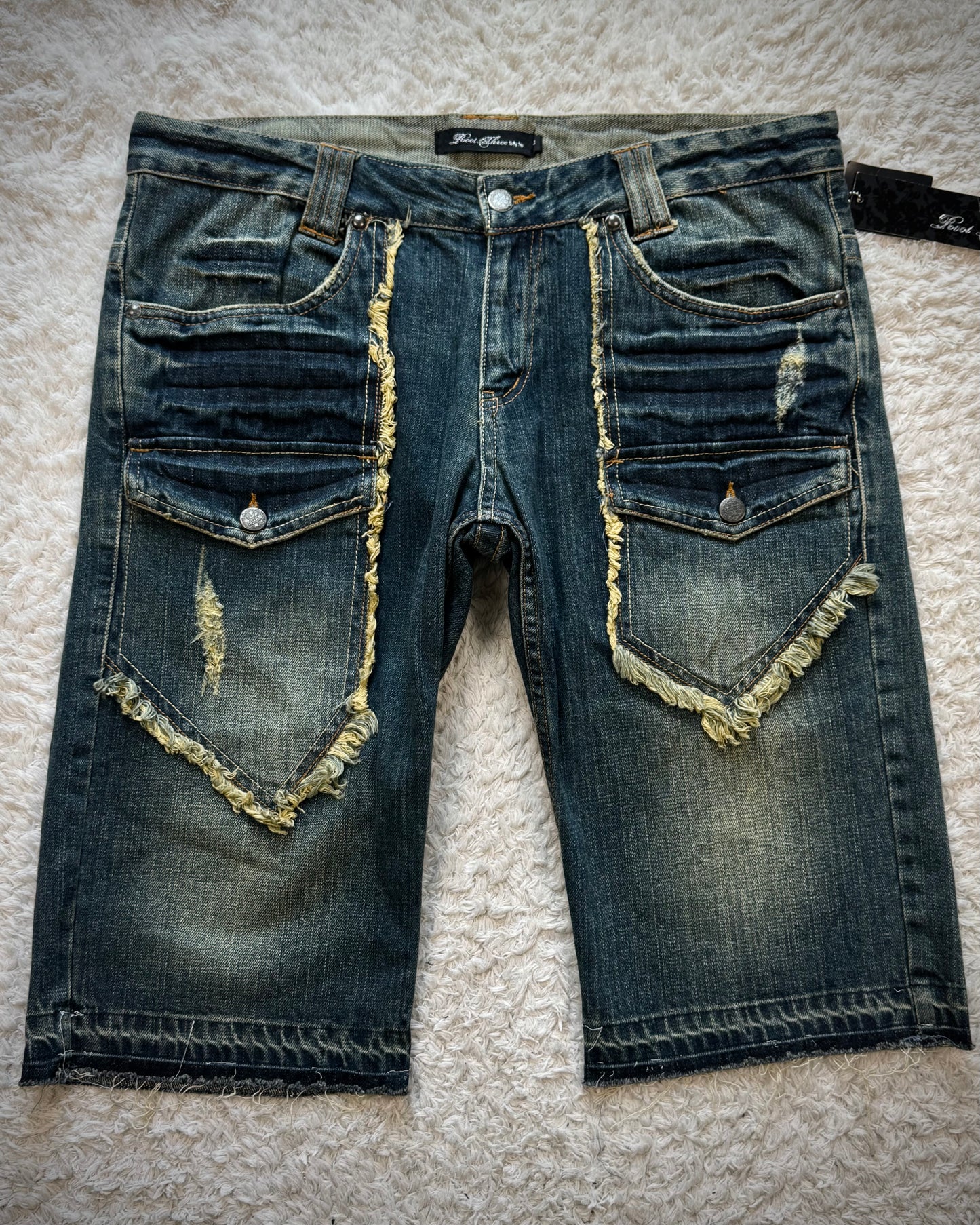 Root Three Fringed Cargo Denim Shorts