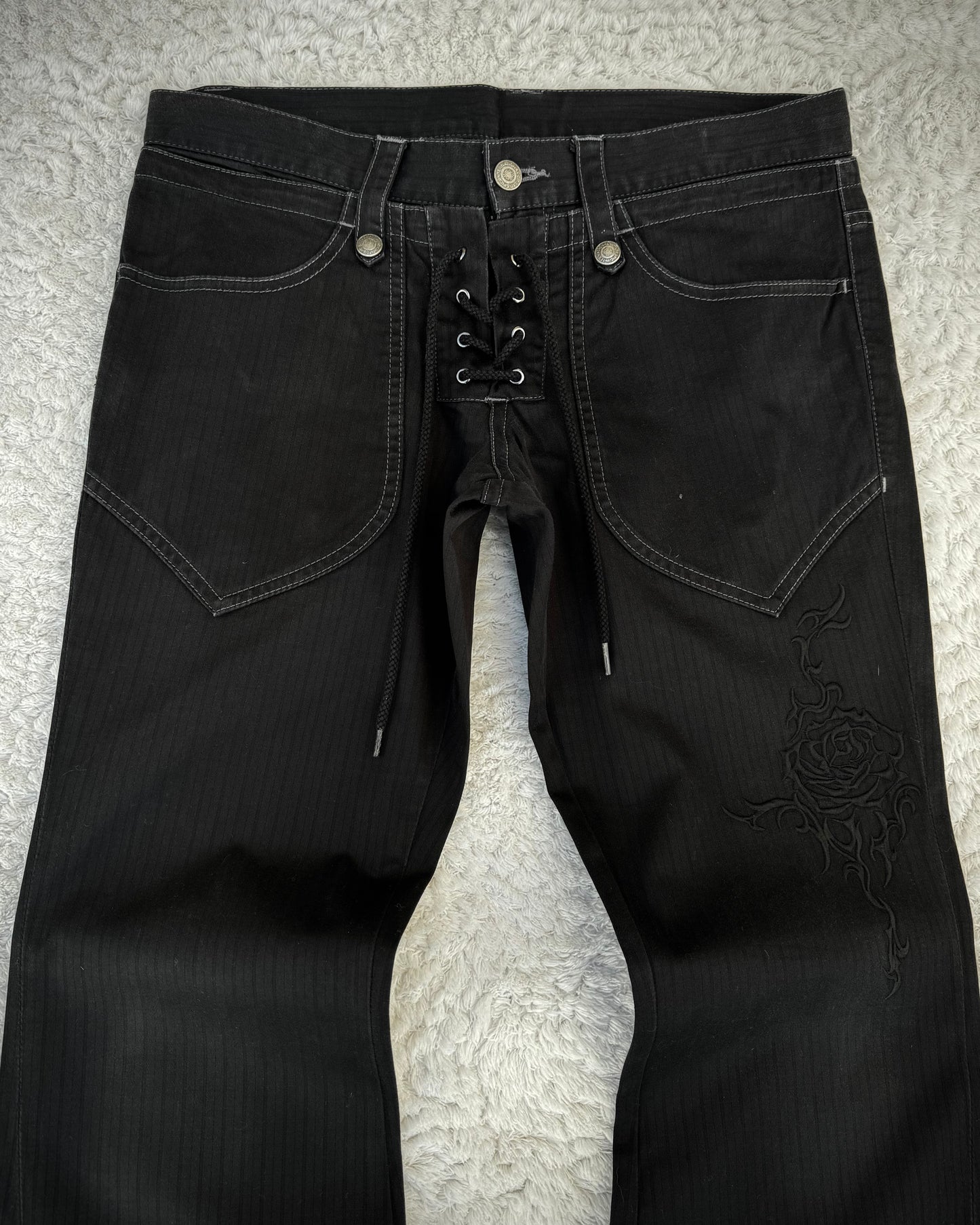 Tornado Mart Double Waisted Tribal Embroidery Pin Stripe Lace Up Flared pants