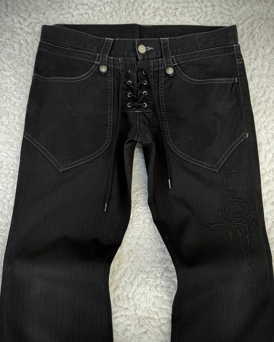 Tornado Mart Double Waisted Tribal Embroidery Pin Stripe Lace Up Flared pants