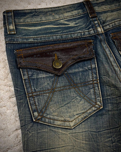 Agate Label Muddy Honeycomb Washed Leather Detailed Flared Jeans