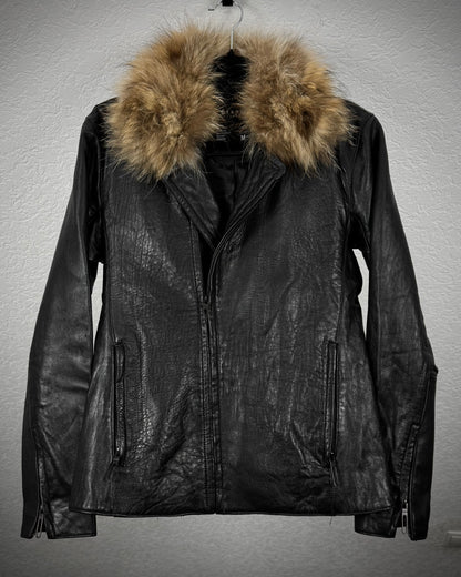 Otani Hikaku Fur Collar Textured Leather Jacket