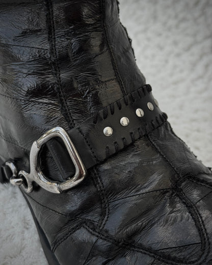 Italian Scar Stitched Belted Textured Pointed Leather Boots