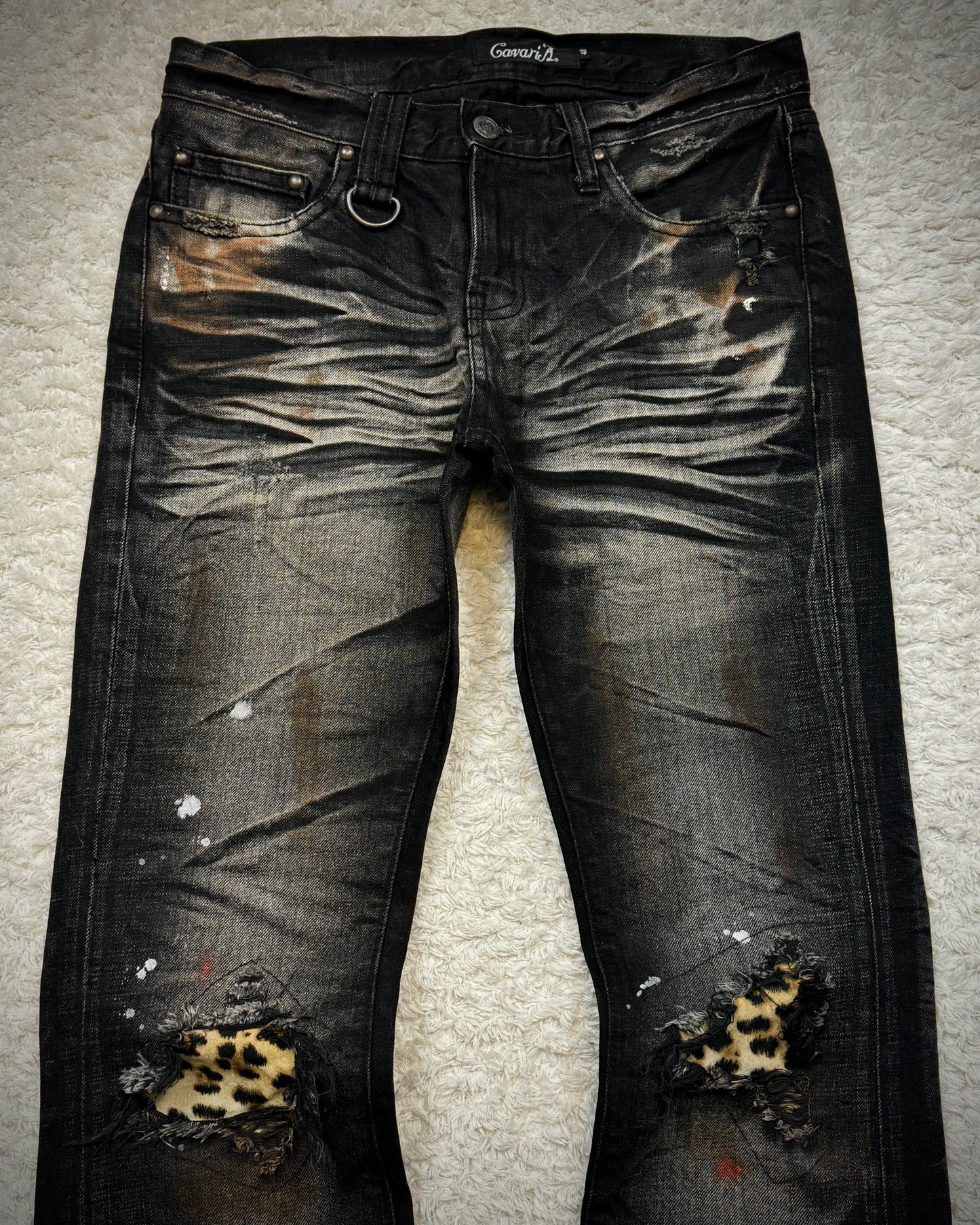CavariA Leopard Repaired Clawmarks Washed Bootcut Jeans