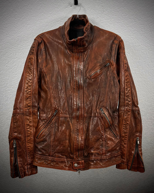 Royal Flash Rust Dyed High Neck Quilted Leather Jacket
