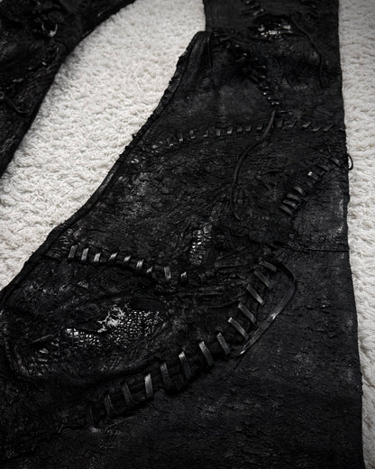 1vfudie “Noir” Scar Stitched Crocodile Leather Bell Bottom Flared Pants