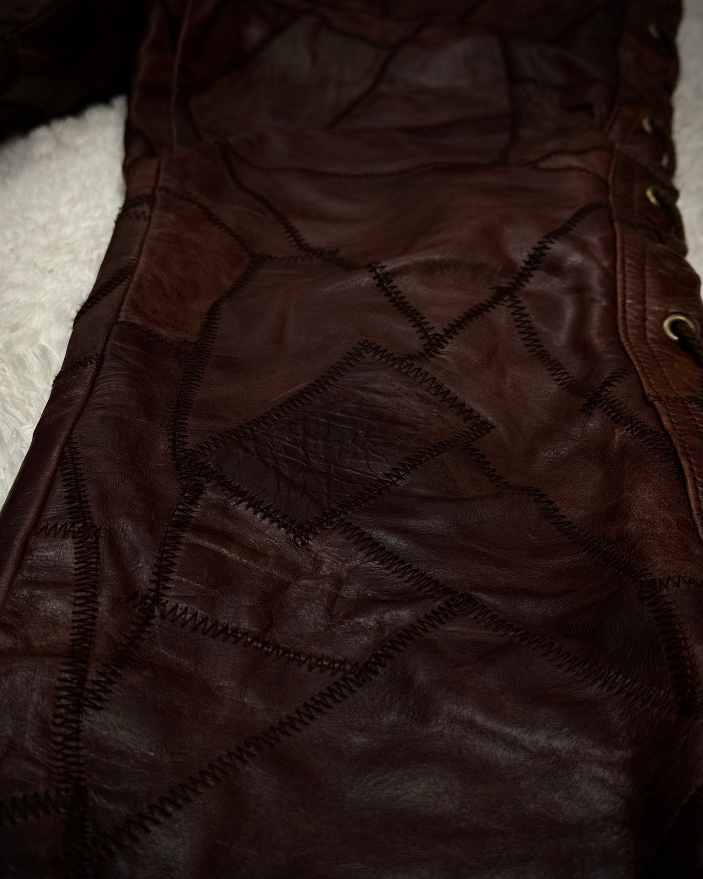 Tornado Mart Oxblood Scar Stitched Leather Patchwork Lace Up Flared Pants