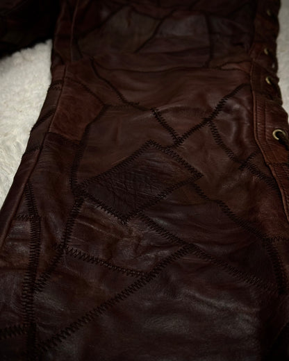 Tornado Mart Oxblood Scar Stitched Leather Patchwork Lace Up Flared Pants