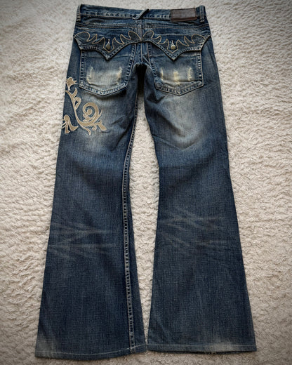 Tornado Mart Tribal Embroidery Spiral Flared Jeans