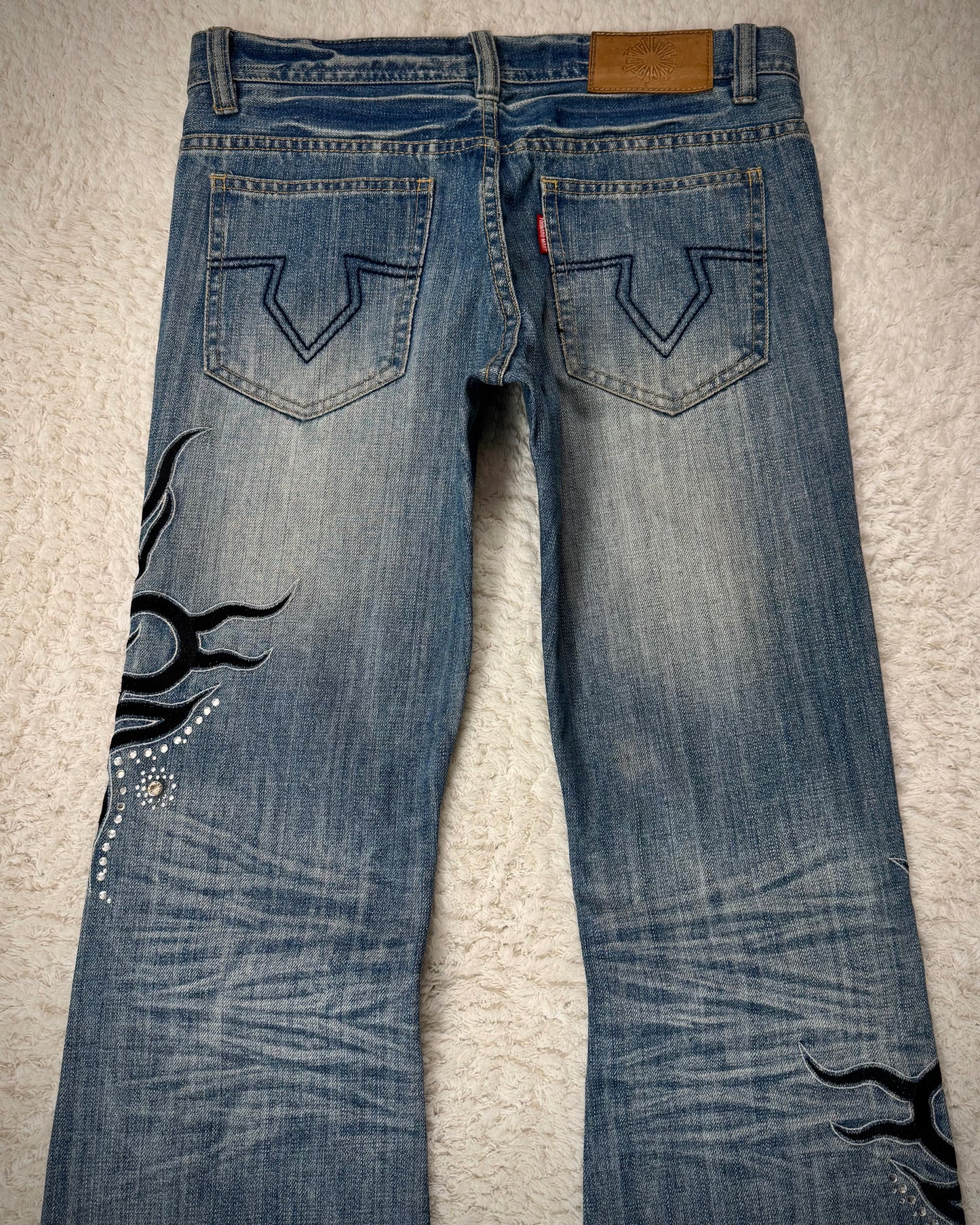 Tornado Mart Tribal Embroidery Studded Flared Jeans
