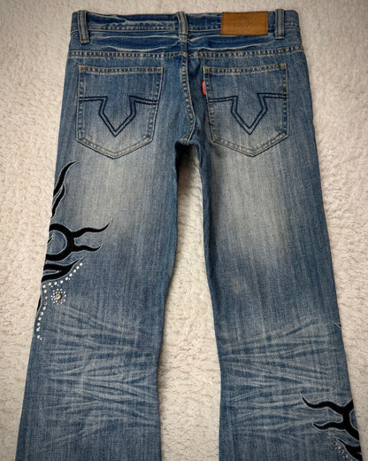 Tornado Mart Tribal Embroidery Studded Flared Jeans