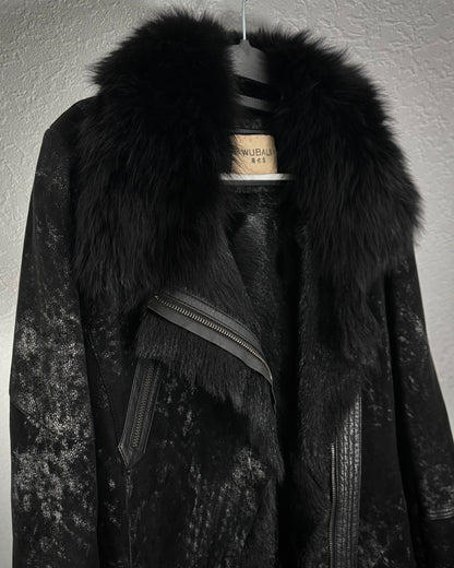 Asymmetrical Raw Cut Crack Waxed Fur Coat