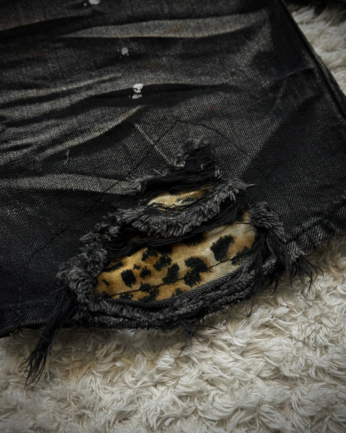 CavariA Leopard Repaired Clawmarks Washed Bootcut Jeans