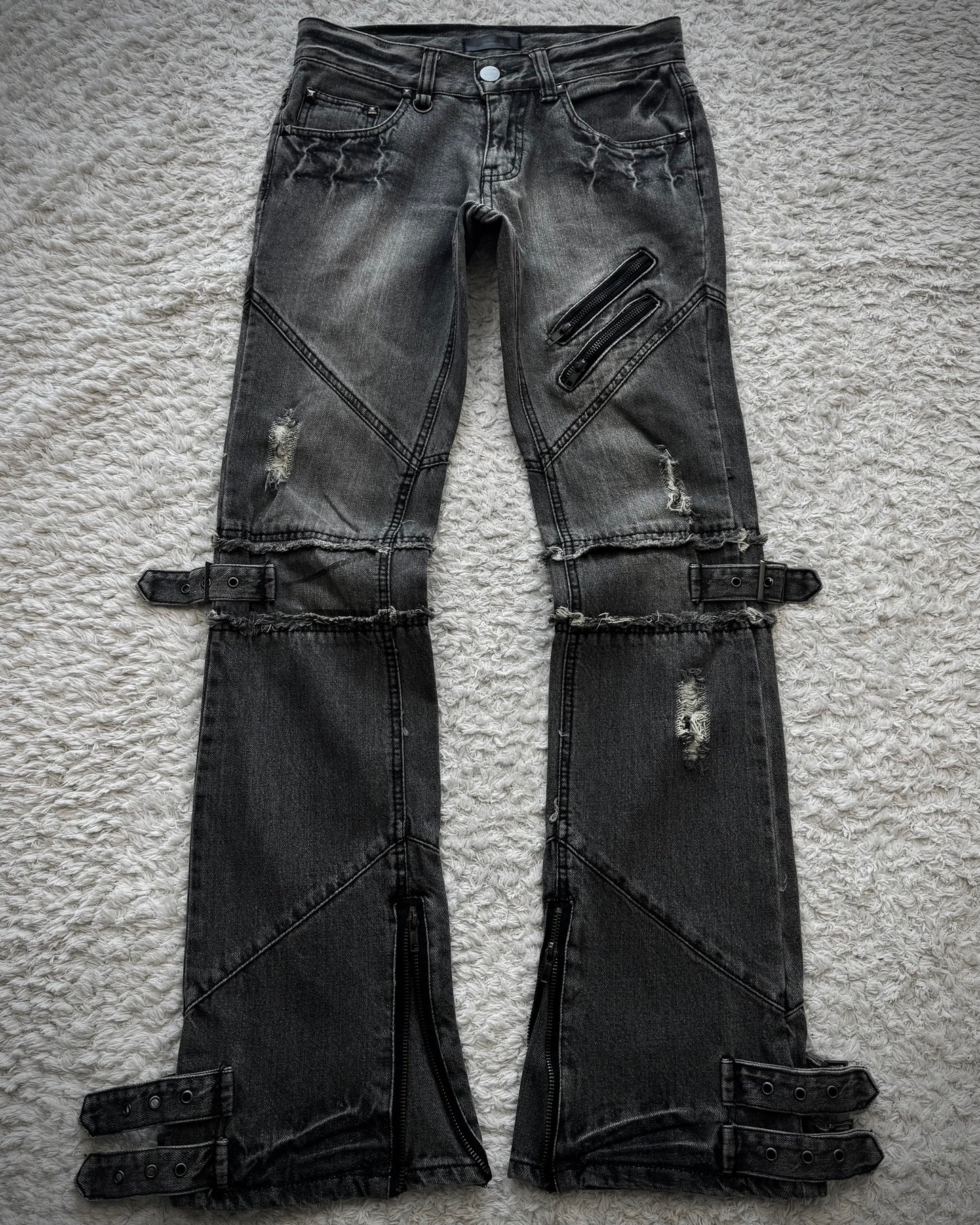 Black Baccara Zipper Strapped Construction Flared Jeans