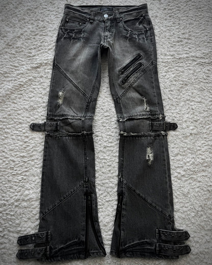 Black Baccara Zipper Strapped Construction Flared Jeans