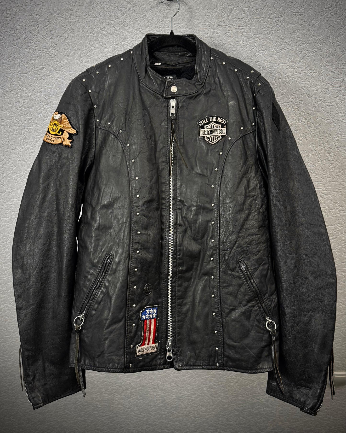 Brooks Harley Patched Studded Vintage Leather Biker Jacket