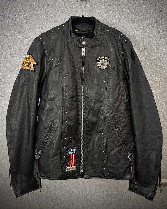 Brooks Harley Patched Studded Vintage Leather Biker Jacket