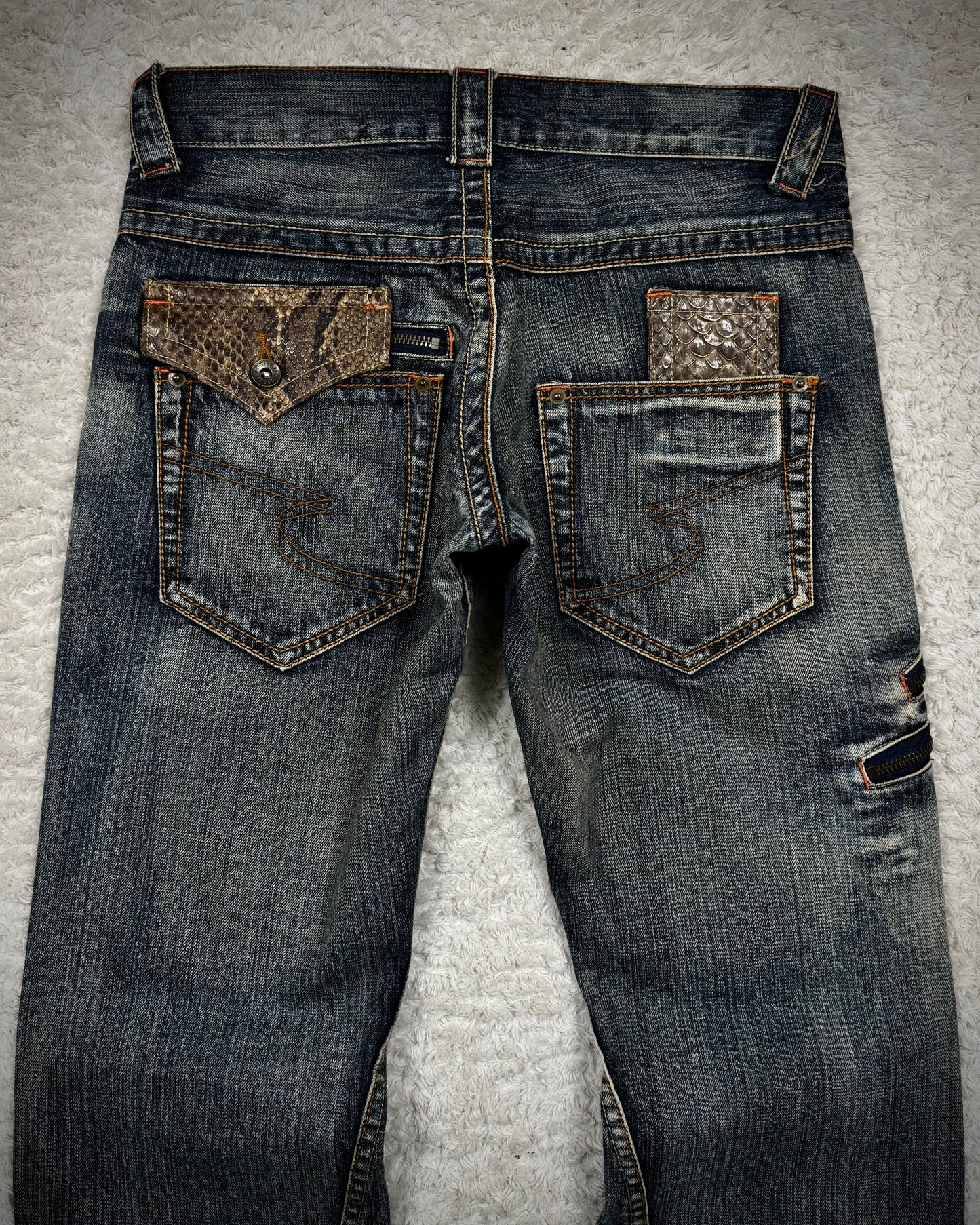 Semantic Design Python Detailed Mud Washed Spiral Flared Jeans