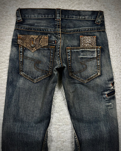 Semantic Design Python Detailed Mud Washed Spiral Flared Jeans