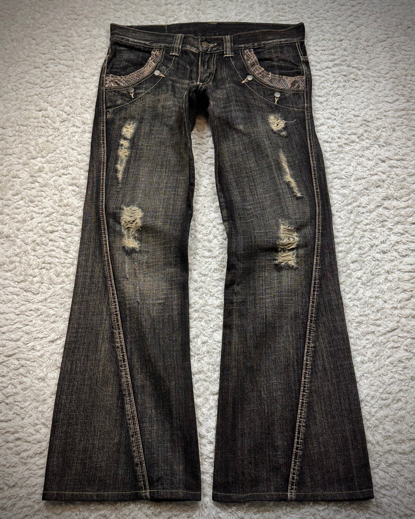 Tornado Mart Python Detailed Spiral Flared Jeans