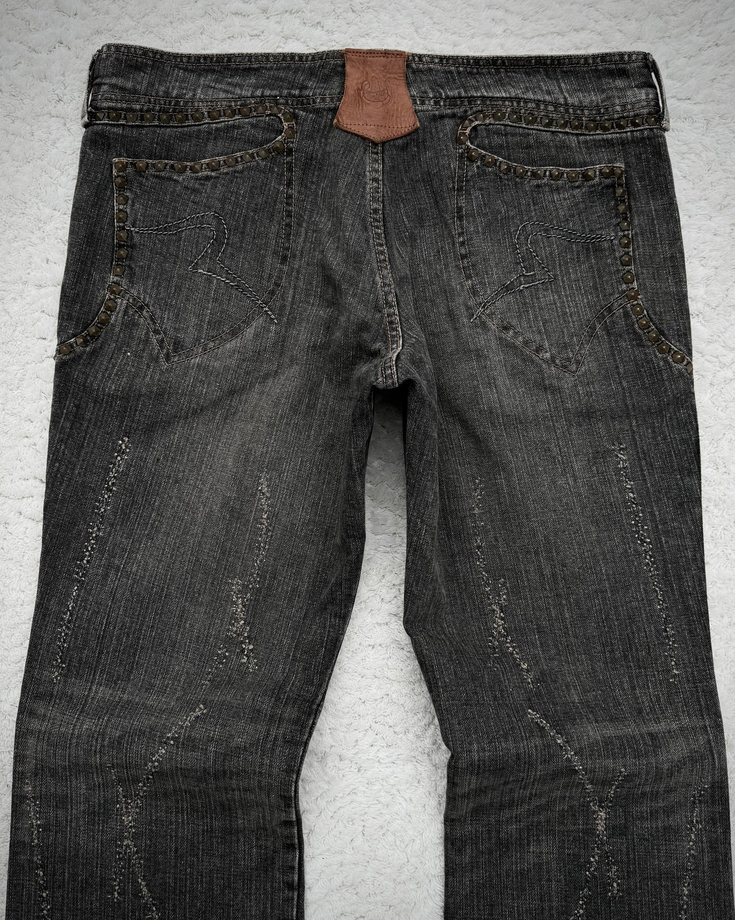 Obelisk Studded Distressed Design Flared Jeans