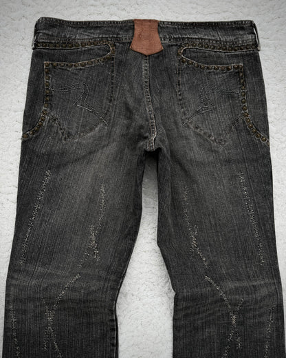 Obelisk Studded Distressed Design Flared Jeans