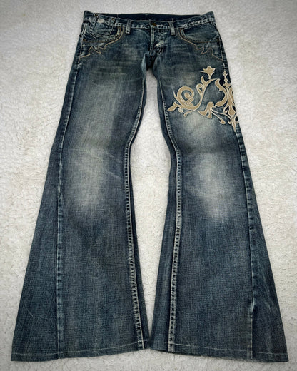 Tornado Mart Tribal Embroidery Spiral Flared Jeans