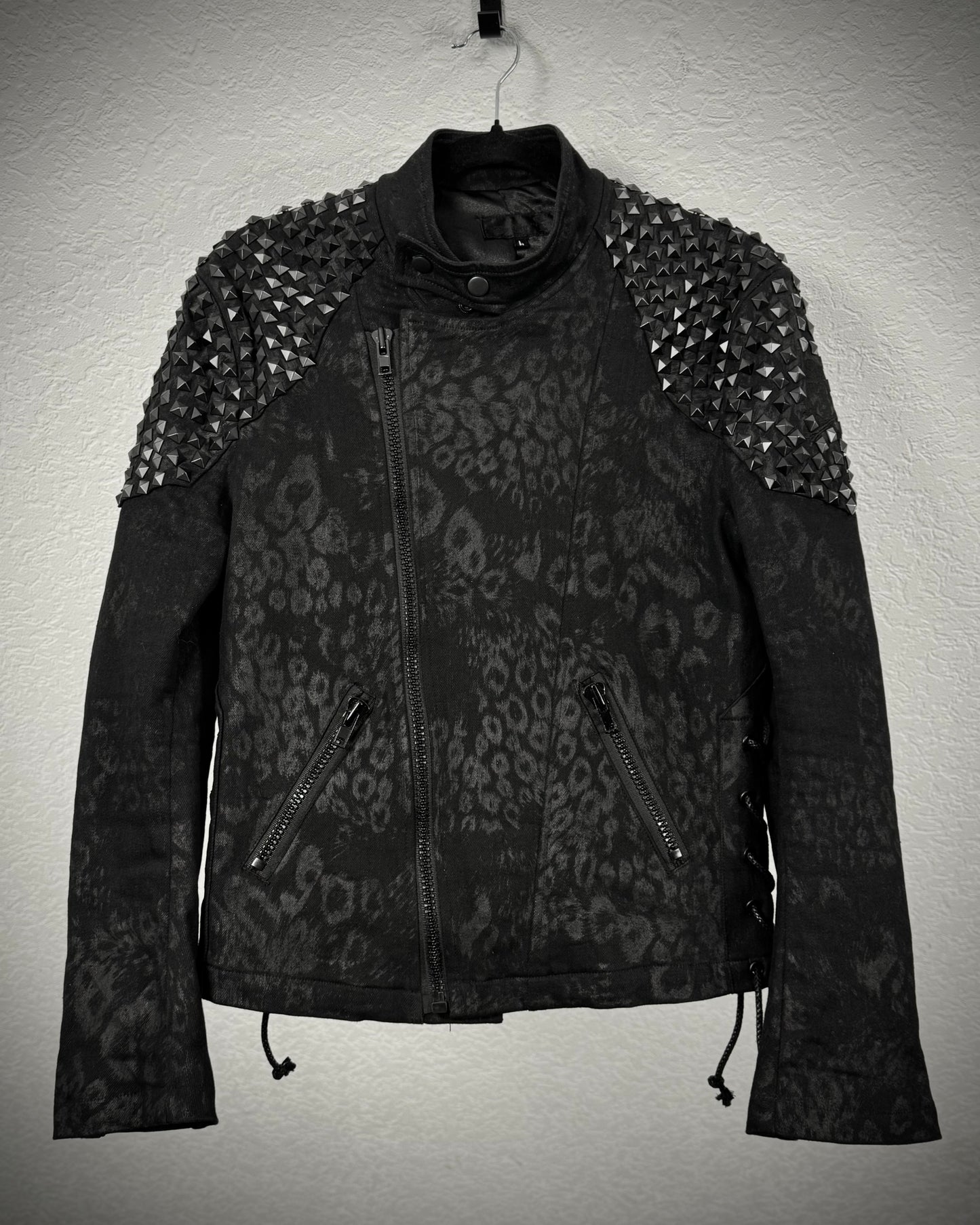 By The R Leopard Waxed Studded Lace Up Biker Jacket