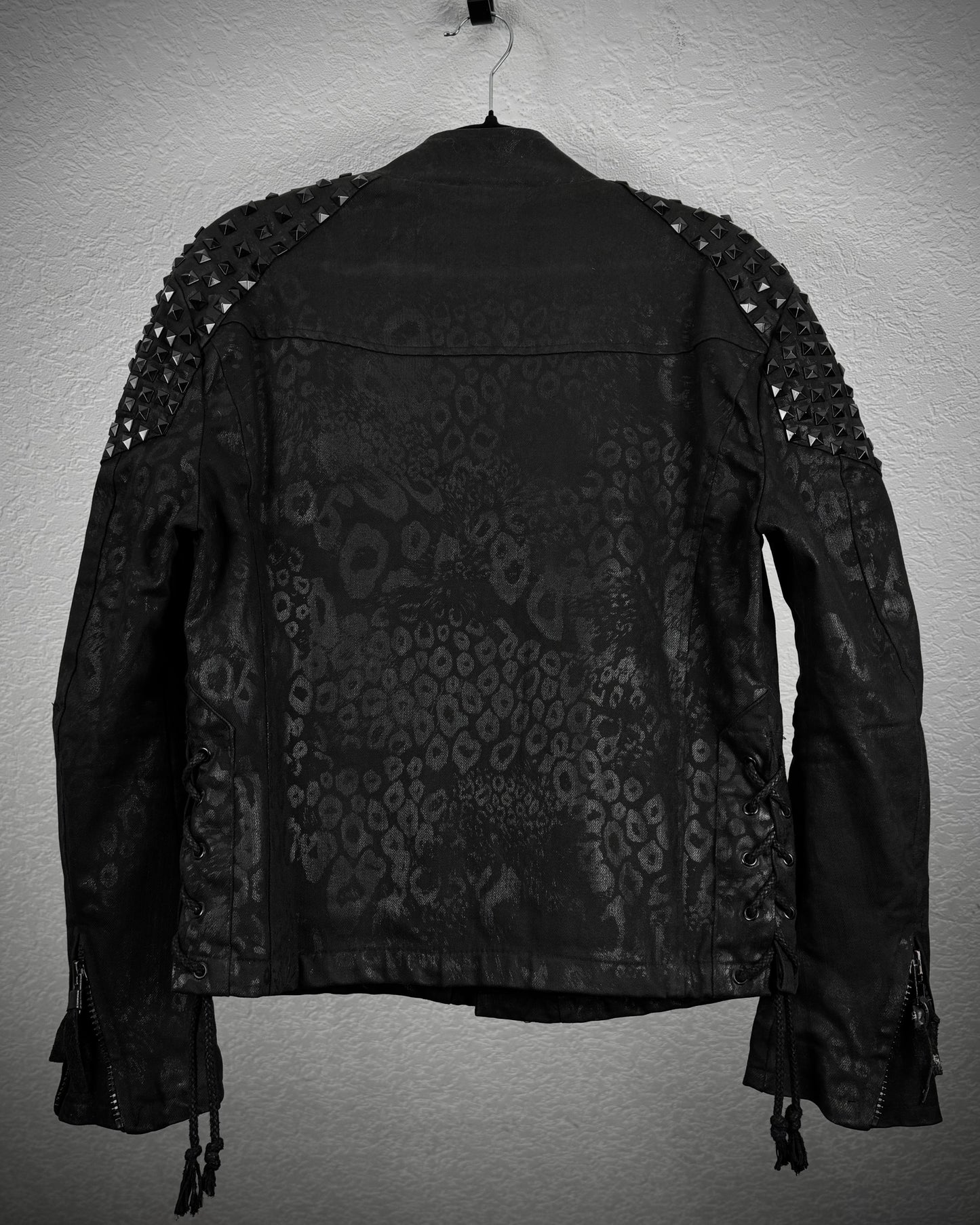 By The R Leopard Waxed Studded Lace Up Biker Jacket