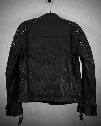 By The R Leopard Waxed Studded Lace Up Biker Jacket