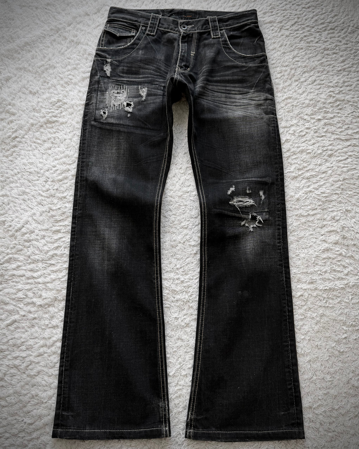 Tete Homme Repaired Distressing Whiskered Flared Jeans