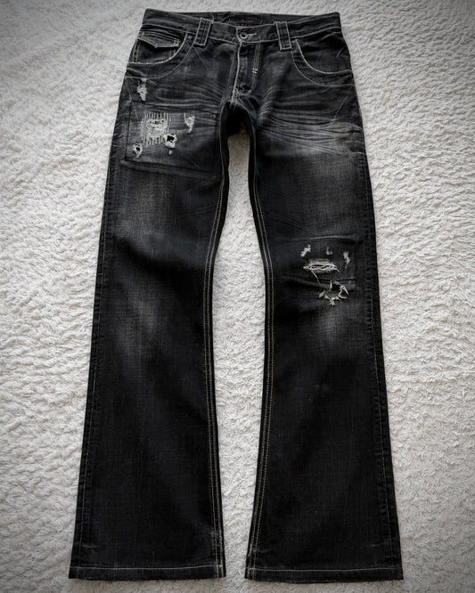 Tete Homme Repaired Distressing Whiskered Flared Jeans
