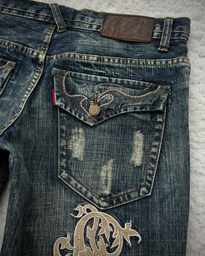 Tornado Mart Mud Wash Tribal Embroidery Flared Jeans