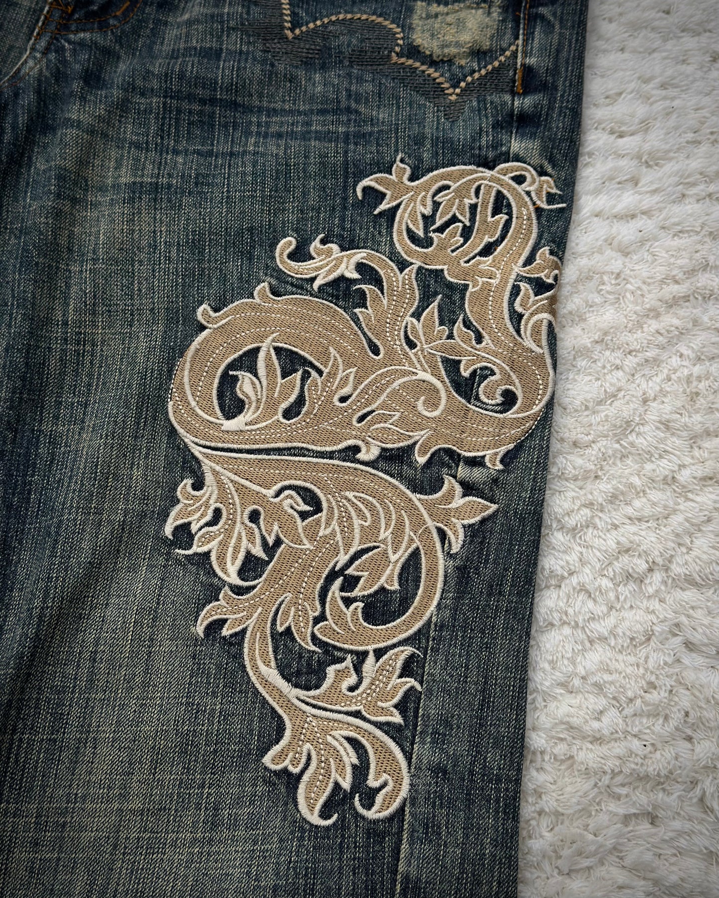 Tornado Mart Mud Wash Tribal Embroidery Flared Jeans