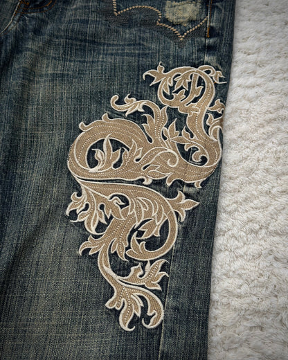 Tornado Mart Mud Wash Tribal Embroidery Flared Jeans