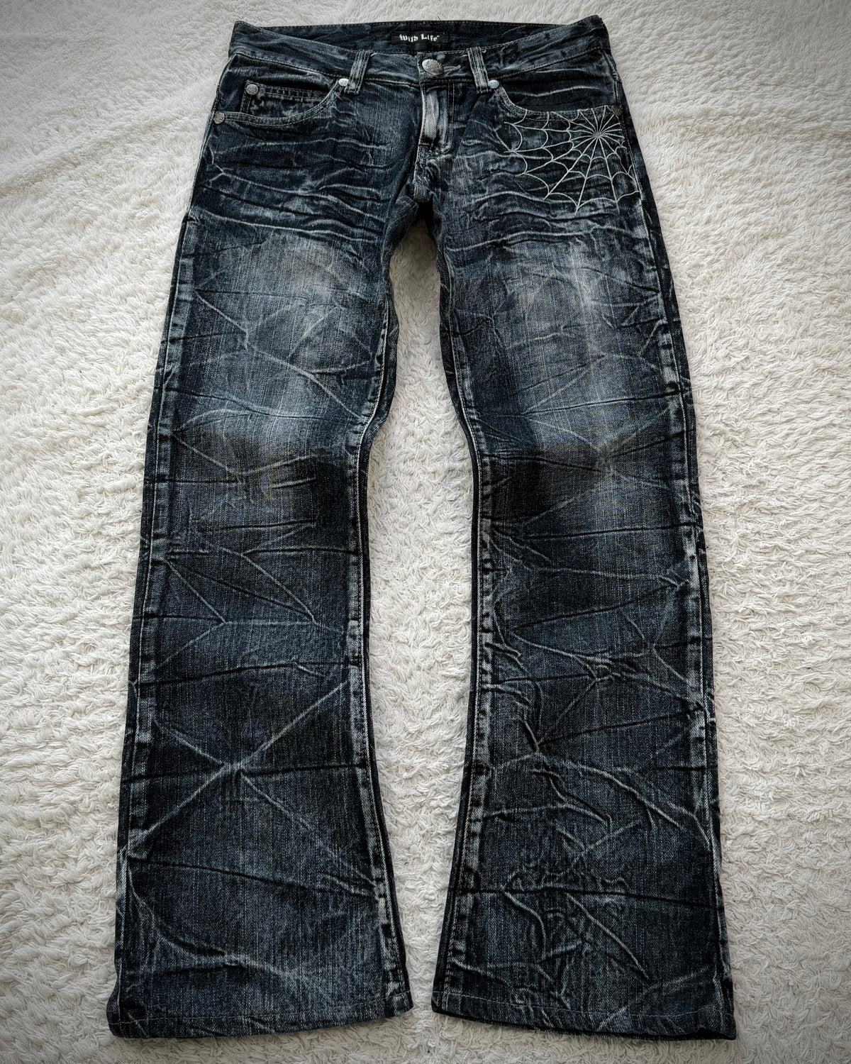 Wild Life Spider Web Honeycomb Washed Flared Jeans