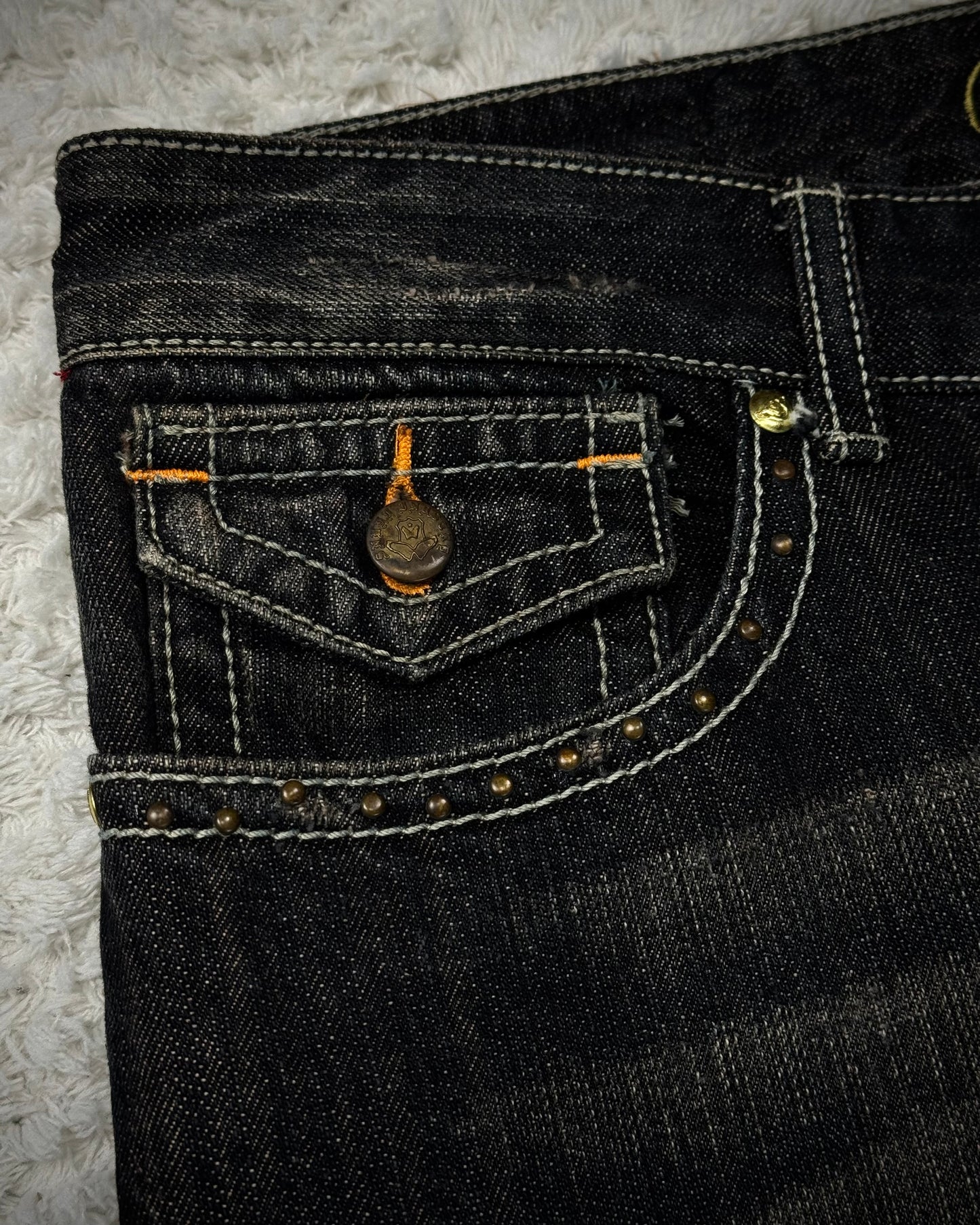 Snuff Studded Flap Pockets Flared Jeans