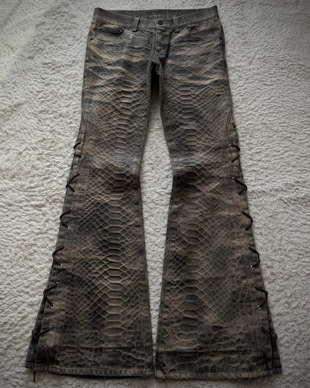 Tornado Mart Python Waxed Lace Up Flared Jeans (Sample Pair) – Paroxa