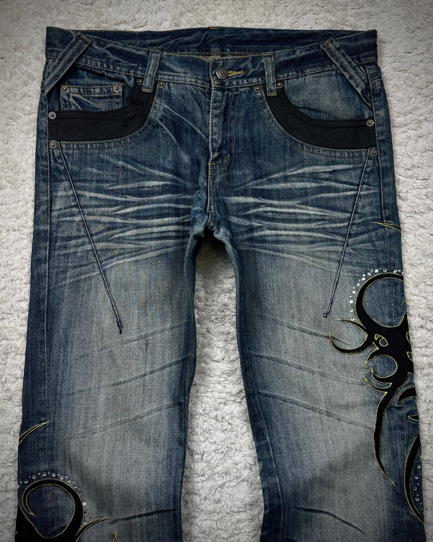 Tornado Mart Tribal Embroidery Clawmarks Flared Jeans