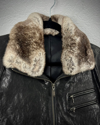 Comme Ca Men Rabbit Fur Collar Leather Jacket